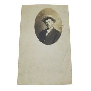 Rare Vintage Collectible Real Photo Postcard Man in Hat Oval Picture AZO 1900s?